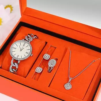 5 шт персонализированные роскошные бриллианты дамы указатель цифровые кварцевые часы в форме сердца женский кулон ожерелье браслет серьги комплект ювелирных изделий серебро белый