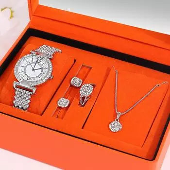 5 шт персонализированные роскошные бриллианты дамы указатель цифровые кварцевые часы в форме сердца женский кулон ожерелье браслет серьги комплект ювелирных изделий серебро белый