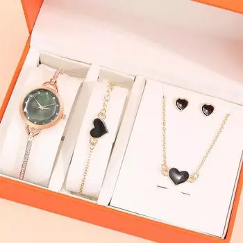 5 шт. персонализированные роскошные женские бриллиантовые браслеты темперамент зеленый циферблат кварцевые часы в форме сердца кулон ожерелье серьги гвоздики браслет набор для подруг