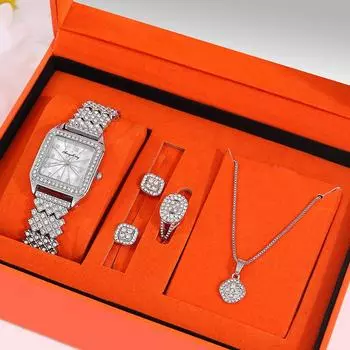 5 шт. персонализированные роскошные женские цифровые кварцевые часы Pointer для девочек квадратное ожерелье с бриллиантовыми серьгами кольцо комплект ювелирных изделий для девочек серебро белый