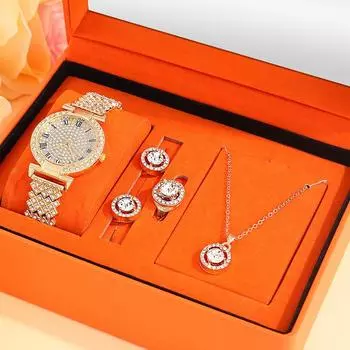 5 шт. персонализированные роскошные женские золотые кварцевые часы с бриллиантами геометрическая круглая подвеска для девушки ожерелье серьги кольцо комплект ювелирных изделий