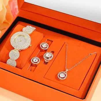 5 шт. персонализированные роскошные женские золотые кварцевые часы с бриллиантами геометрическая круглая подвеска для девушки ожерелье серьги кольцо комплект ювелирных изделий