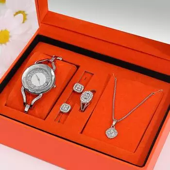 5 шт. персонализированный ремешок женские кварцевые часы дамская мода квадратный кулон ожерелье бриллианты серьги кольцо ювелирный набор для подруг серебро белый