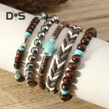 5 шт. плетеный браслет набор разных форм плетение деревянные бусины декор черепаха кулон в стиле бохо искусственный бирюзовый камень браслет на запястье ювелирные изделия разноцветный