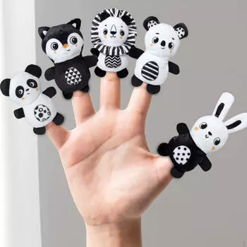 5 шт. плюшевые куклы-марионетки в виде животных для ролевых игр и обучения, черно-белые black and white