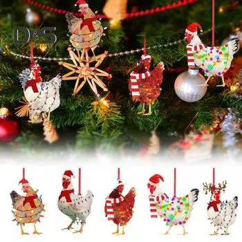 5 шт. подвески в виде цыплят на рождественскую елку 2D цыплята акриловые украшения рождественские петухи куры с шарфом для украшения рождественской елки 5pcs