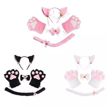 5 шт., повязка на голову с кошачьими ушками на Хэллоуин, перчатки с кошачьими когтями, плюшевая повязка на голову с колокольчиком для косплея, женская маскарадная вечеринка, головной убор чёрный