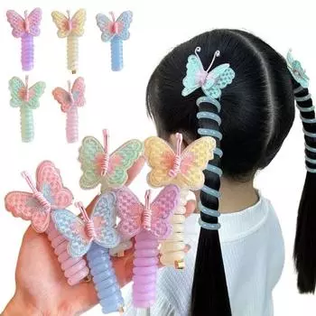 5 шт., разноцветная спиральная резинка для волос в форме бабочки, без складок, для девочек, без следов, эластичный детский высокий телефонный шнур, держатель для хвоста синий