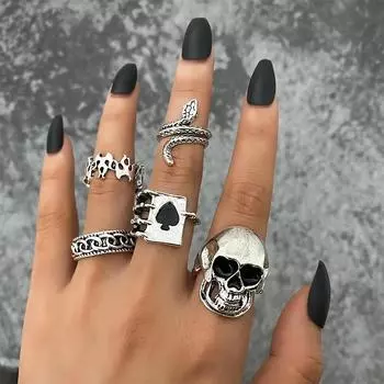 5 шт., резной скелет, покерные лопаты, элегантный набор колец для Хэллоуина, вечеринки в ночном клубе серебряный