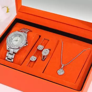 5 шт. роскошные модные женские кварцевые часы с инкрустацией бриллиантами для девочек, квадратное ожерелье с подвеской и бриллиантовыми серьгами, комплект украшений для девочек серебро белый