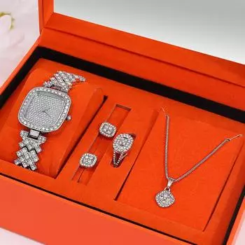5 шт. роскошные персонализированные женские бриллианты серебряные кварцевые часы женские квадратные подвески ожерелье бриллианты серьги кольцо набор для девочек