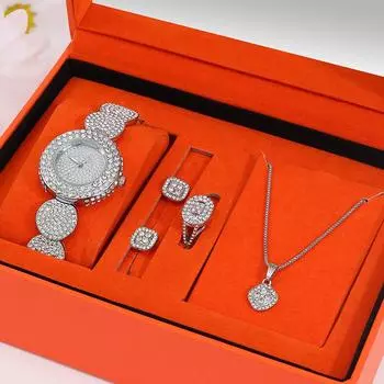 5 шт. роскошные персонализированные женские квадратные подвески ожерелье с бриллиантами серьги кольцо комплект ювелирных изделий с геометрическими бриллиантами серебряные кварцевые часы для девочек серебро белый
