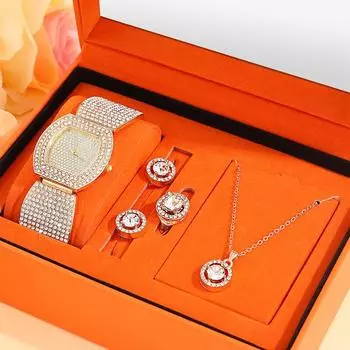 5 шт. роскошных персонализированных женских золотых кварцевых часов с бриллиантами, геометрический круглый кулон для девочек, ожерелье, серьги, кольцо, комплект ювелирных изделий