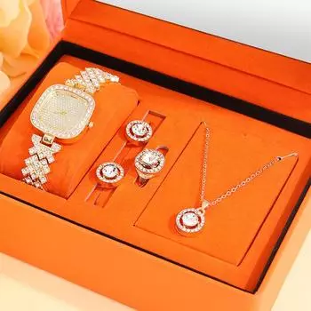 5 шт. роскошных женских золотых часов с бриллиантами, квадратные кварцевые часы с геометрическим узором, круглые серьги, кольца, комплект ювелирных изделий для девочек