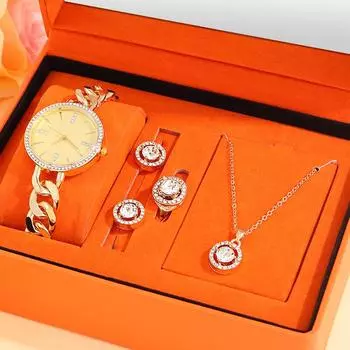 5 шт. роскошный персонализированный женский золотой ремешок-цепочка с бриллиантами кварцевые часы геометрический круглый кулон для девочек ожерелье серьги кольцо