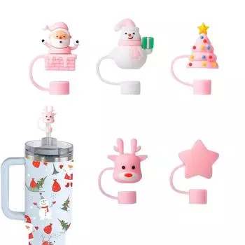 5 шт. Рождественская соломенная крышка для чашки, 10 мм 0,4 дюйма, аксессуары, рождественская соломенная крышка с 30 и 40 унциями, стакан с ручкой, пыленепроницаемая многоразовая соломинка