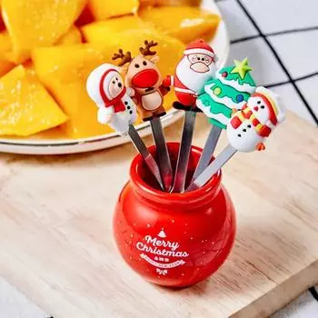 5 шт. Рождественская тематическая фруктовая вилка с банкой из нержавеющей стали фруктовая вилка набор столовых приборов для салата кухонные гаджеты Feliz Navidad детские сувениры