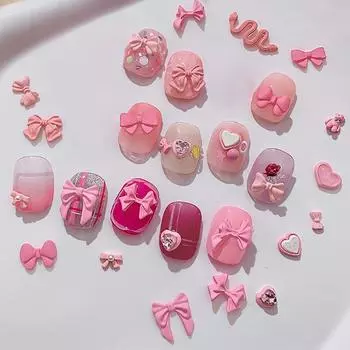 5 шт., розовая серия, украшения для ногтей, милый розовый 3D бант с изображением любви, медведь, вишневый бант, кавайные аксессуары, металлический сплав, жемчужные подвески, декор для дизайна ногтей as the picture