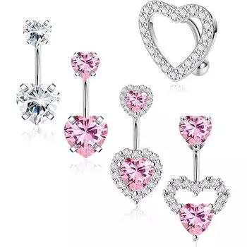 5 шт. розовое сердечко для пупка, сердечко, хирургическая сталь, кольца для пупка, висячие украшения для пирсинга живота с блестящими фианитами серебряный