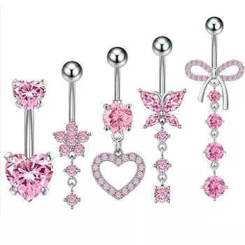 5 шт., розовый кубический цирконий, цветок, бабочка, набор для пирсинга живота, 14 г, нержавеющая сталь, сердце, изогнутое кольцо для пупка, лот, украшения для тела, живота серебряный