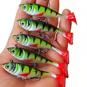 5 шт. с рисунком тигра и леопарда (8,5 см/3,35 дюйма 10,6 г/0,370 унций ) Приманка в форме буквы Т с длинным хвостом и крючками для ловли мягкой рыбы, окуня, мандарина, поддельные приманки 5Pcs