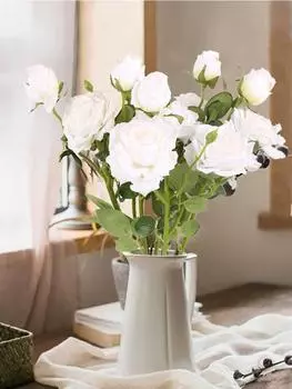 5 шт. шелковых розовых головок, искусственные розы со стеблями, 15 головок роз на длинных стеблях, искусственные цветы, поддельные розы, цветы, украшение для букета сушеных роз белый