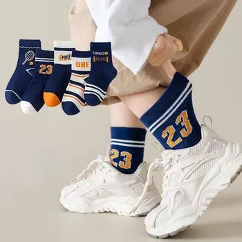 5 шт., школьные спортивные носки для тенниса, детские носки для мальчиков и девочек, длинные мягкие хлопковые детские носки до колена, детские носки в полоску для детей 6–12 лет M