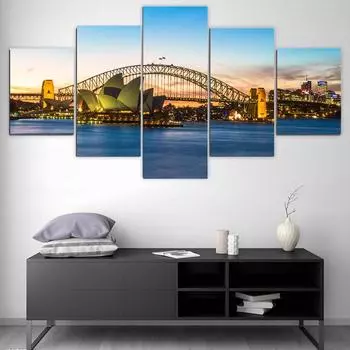 5 шт., Сиднейский оперный театр, вид на холст, пейзажные постеры и принты, настенные панно для гостиной, домашний декор, без рамки 20x35cm*2 20x45cm*2 20x55cm*1