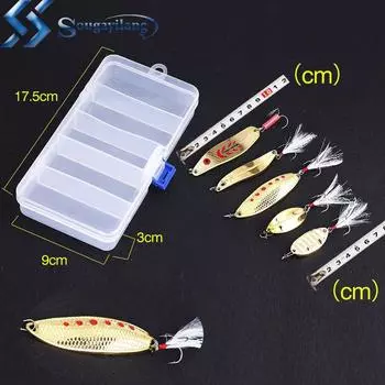 5 шт. смешанного размера, твердая металлическая ложка с блестками, наживка + коробка, приманка-спиннер, рыболовные приманки, рыболовные снасти