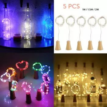 5 шт. солнечные светодиодные гирлянды 1 м, 1,5 м, 2 м, медная пробковая бутылка, гирлянды, рождественская вечеринка, свадебный декор
