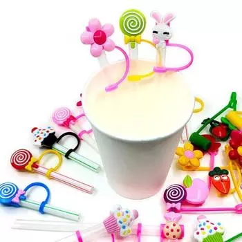 5 шт. соломенный чехол для стакана, пылезащитный соломенный топпер, дизайн леденца, силиконовые наконечники для соломинок, крышки, милый защитный чехол для соломинки, украшение из соломы, сувениры для вечеринки B