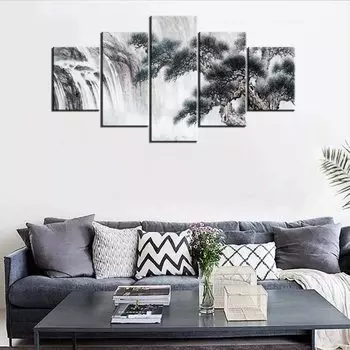 5 шт., сосновый водопад, китайский стиль, чернила, пейзаж, 5 шт., холст, художественный плакат, современные абстрактные картины в рамке, картины 20x35 20x45 20x55cm