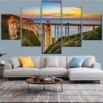 5 шт., современный пейзаж США, украшение для дома, настенное искусство, мост Биксби-Крик и шоссе Тихоокеанского побережья на закате, картина 20x35cm*2 20x45cm*2 20x55cm*1