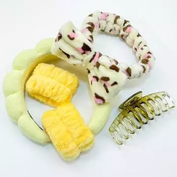 5 ШТ. Спа-повязка на голову для умывания, набор браслетов, губчатая повязка для макияжа, наручные полотенца, повязка для волос с пузырьками, заколки-крабы для волос, головные уборы