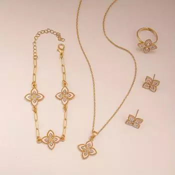 5 шт. сплава новый модный ромб клевер ожерелье серьги кольцо браслет комплект модные счастливые украшения белый