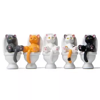 5 шт. Статуэтки кошки, сидящей на унитазе, мини-статуэтки кошки для туалета, настольные украшения, домашний декор, мультфильм