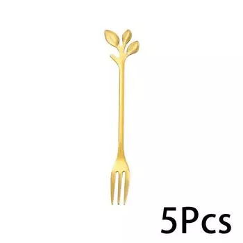 5 шт. столовая посуда из нержавеющей стали, золотые столовые приборы, вилка для фруктов в форме листа, кухонные принадлежности