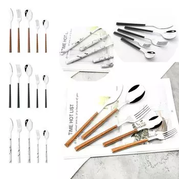 5 шт., столовая посуда с деревянной ручкой, посуда из нержавеющей стали, глянцевый нож, вилка для торта, чайная ложка, набор столовых приборов, кухонное серебро, столовые приборы белый