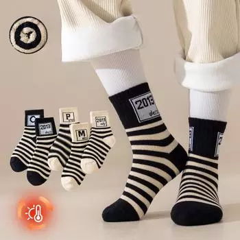 5 шт. удобных носков для подростков с флисовой подкладкой - с рисунком мультяшного медведя, хлопковая смесь для мальчиков и девочек, идеально подходят для осени/зимы S(3-5Y)