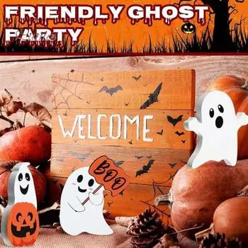 5 шт. Украшения для Хэллоуина с привидениями, милые деревянные фигурки белого привидения, центральные украшения для стола, многоярусный поднос, товары для вечеринки на Хэллоуин 5