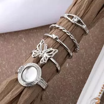 5 шт. ювелирные изделия с инкрустацией бабочкой кольцо с бриллиантом драгоценный камень резьба набор регулировочных колец серебряный