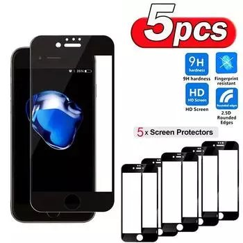 5 шт. в упаковке для полного покрытия экрана iPhone 7/8/6/6S/SE2/SE3/SE 2020/SE 2022/Plus, черная закаленная стеклянная пленка, подходит для чехлов, HD прозрачная For iPhone SE3/SE 2022 чёрный