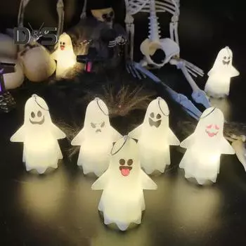 5 шт. в упаковке, украшение на Хэллоуин с привидениями, работающее от батареек, подвесные белые светодиодные брелки с привидениями для украшения дома на Хэллоуин Sets