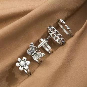 5 шт., винтажное серебряное кольцо для женщин, готический, панк-металлический комплект колец в виде змеи и бабочки, трендовые ювелирные аксессуары