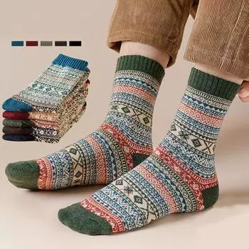 5 шт. винтажные чулки в этническом стиле, утолщенные, до середины икры, носки для студентов, корейские, мужские, осень и зима, разные стили