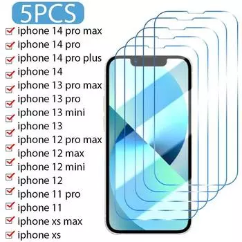5 шт. закаленное стекло для iPhone 11 12 13 14 Pro XR X XS Max Защитная пленка для экрана iPhone 12 13 Mini 7 8 6 Plus 14Plus SE стекло iphone 11 чистый