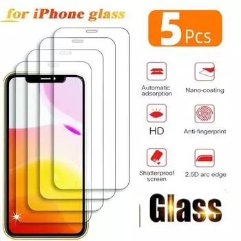 5 шт. закаленное стекло для iPhone 11 12 13 14 15 16 Pro Max мини-защита экрана для iPhone XR X XS MAX 7 8 Plus SE защитное стекло iphone 11 чистый