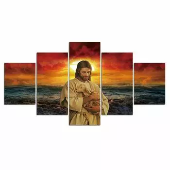 5 шт., закат, Иисус, ягненок, фотографии животных, настенное искусство, домашний декор, без рамки, 5 панелей, декор для комнаты, 5 шт., картины, плакат с HD принтом 20x35 20x45 20x55cm