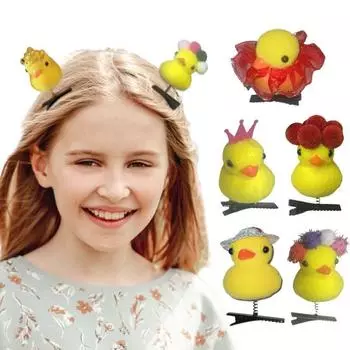 5 шт., заколка для волос «Маленькая желтая утка» с заячьими ушками, бантом, декор в виде короны, противоскользящая детская заколка для волос, весенний головной убор, Рождественский подарок