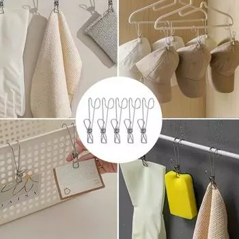 5 шт., зажим для одежды с крючком, длинный хвост, прочная ручка, многофункциональная экономия места для сухой одежды, ветрозащитная прищепка из нержавеющей стали, принадлежности для стирки 5pcs